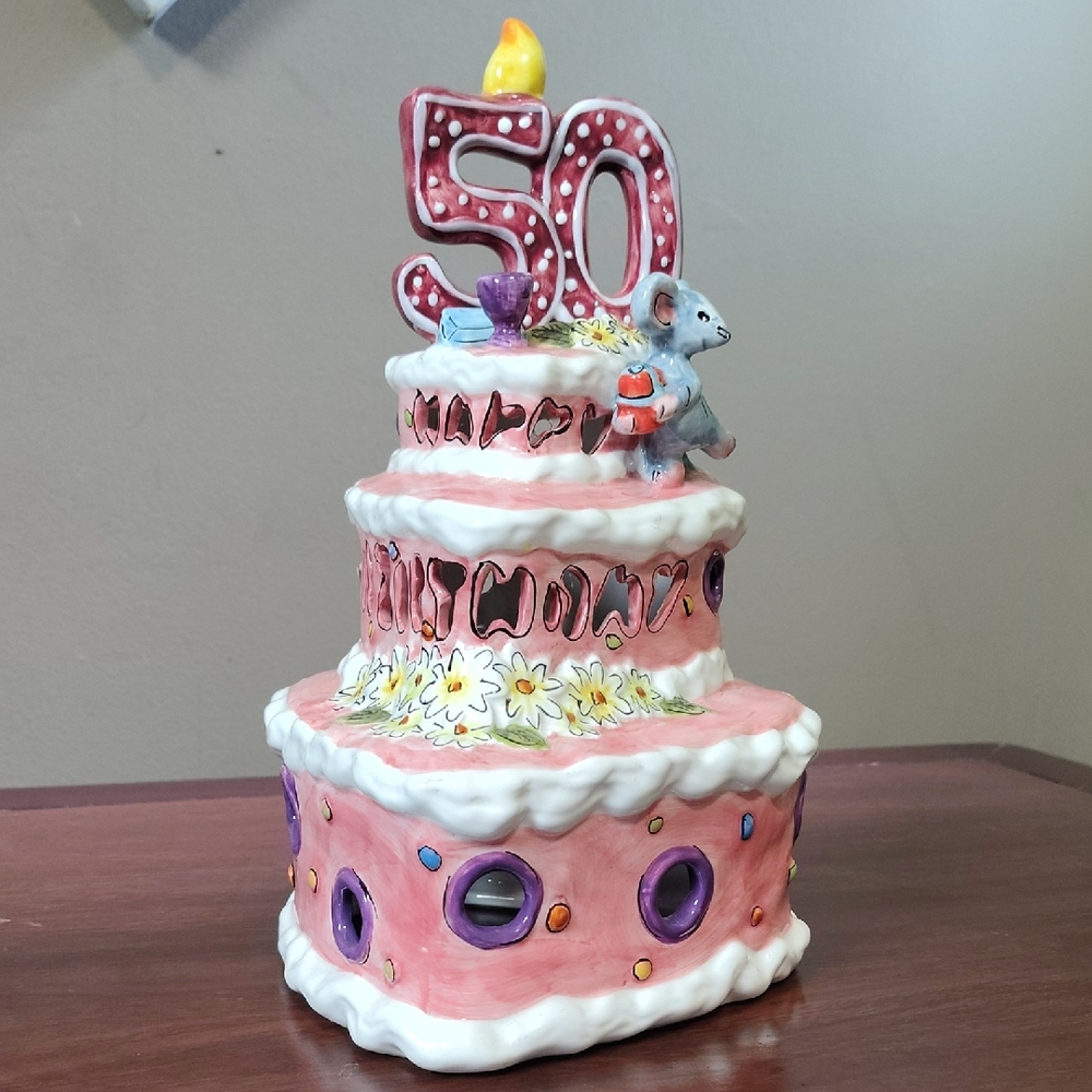 Blue Sky Clayworks 50th Birthday 3 Tier Cake With Mouse Votive Cover
